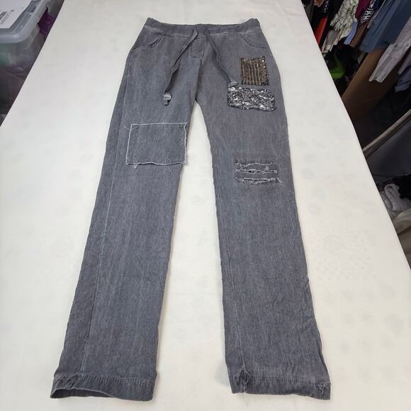 Made In Italy Charcoal Pull On Gray Pants Sequin Patches Wide Drawstring Waist - Picture 8 of 16